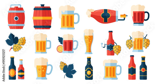 Beer Icons Set: Barrels, Mugs, Bottles, Hops, Citrus Slices