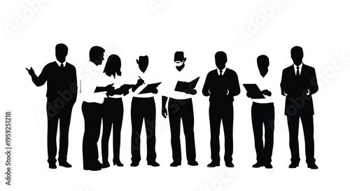Diverse group of professionals collaborating on a project, silhouetted against a white background.