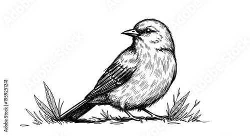 Charming Hand-Drawn Sparrow Perched on Grass, Sketch Style