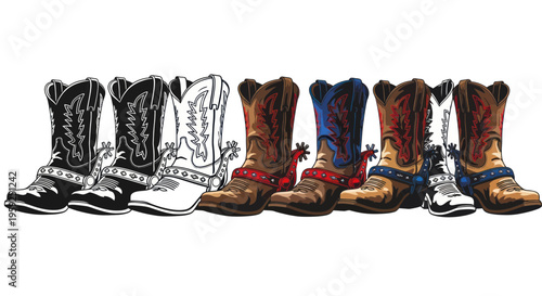 Collection of Western Cowboy Boots with Spurs, Various Colors and Designs