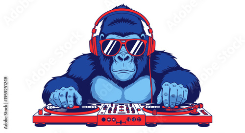 Cool DJ Gorilla Wearing Headphones and Sunglasses Playing Music on Turntables