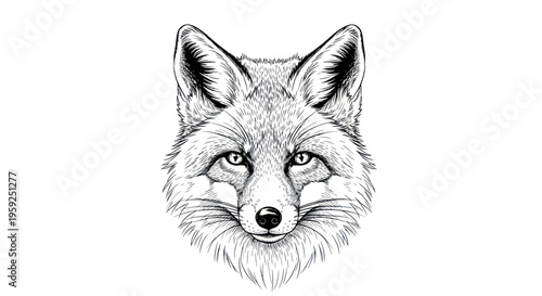 Detailed Ink Drawing of a Fox Face on White Background, Realistic Animal Portrait