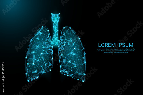 Futuristic Polygonal Human Lungs and Trachea Visualization with Glowing Digital Network Connections