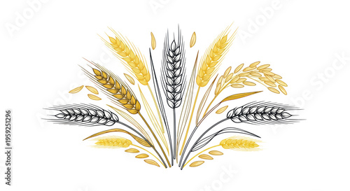 Golden Wheat and Rye Ears Arrangement - Harvest, Agriculture, Bakery, Food Concept