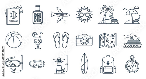 Summer Vacation Travel Icons Set: Passport, Airplane, Beach, Suitcase, Camera