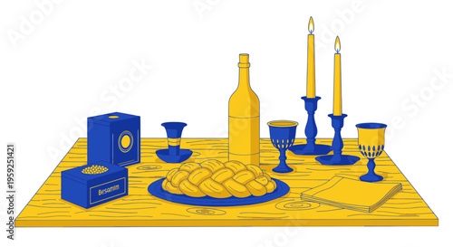Shabbat Table Setting with Challah Bread, Wine, Candles, and Blessings