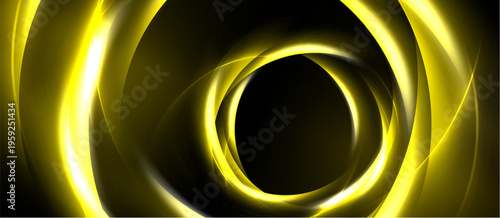 Golden swirls create tunnel illusion. Bright lines radiate from center, forming dynamic abstract composition. Dark background enhances luminosity.