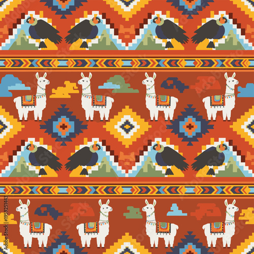 Llamas in Traditional Textile Pattern Design.