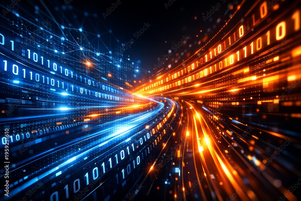 Fototapeta premium Futuristic Highway with Binary Code Overlay and Glowing Blue Orange Light Trails at Night