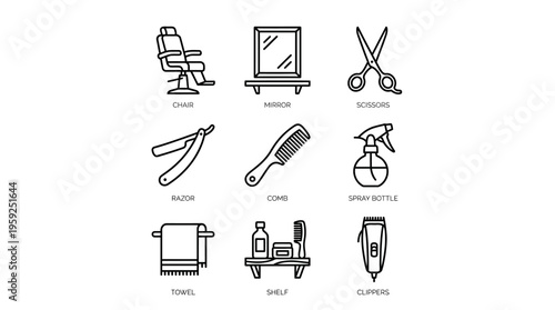 "Minimal line icons of barbershop tools including chair, mirror, scissors, razor, comb, towel, spray, shelf."