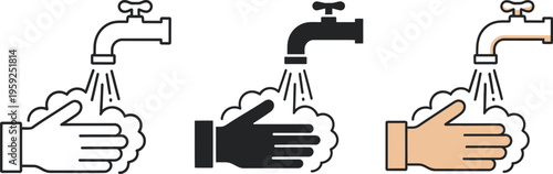 Hand washing icon, hands under running faucet, wash basin vector, personal hygiene symbol, antibacterial prevention, sanitary protection pictogram, clean palm concept