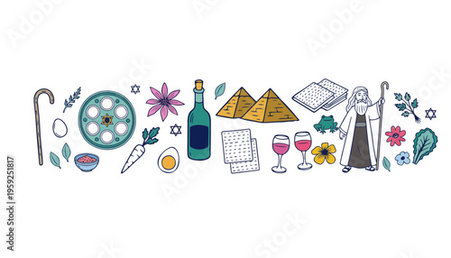 A colorful Passover illustration with various symbolic objects and characters