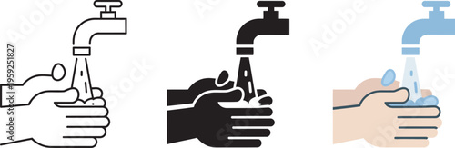 Hand washing icon, hands under running faucet, wash basin vector, personal hygiene symbol, antibacterial prevention, sanitary protection pictogram, clean palm concept