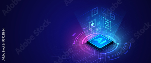 Artificial intelligence microchip with healthcare symbols and glowing neon circuit board