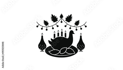 A black silhouette of a turkey dinner on a festive table setting