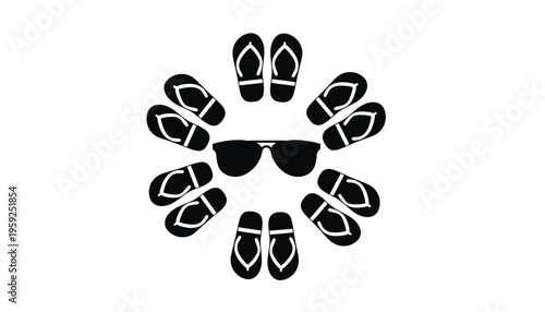 Sunglasses icon surrounded by flip flops in a circular vector illustration