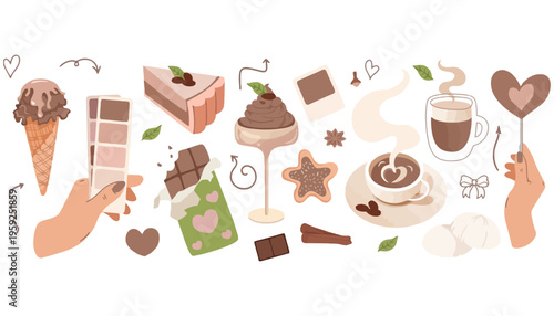 Chocolate dessert vector illustration with various sweet treats and drinks