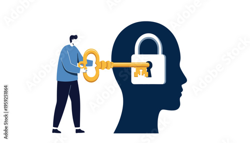 A man unlocking a padlock in his head with a large key