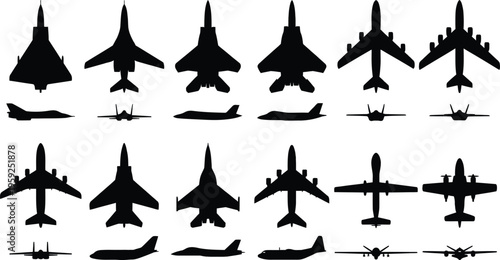 Silhouettes of various fighter jets and military aircraft in different angles and positions