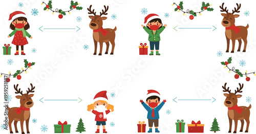 Christmas kids and reindeer set with holiday decorations and gift exchange vector illustration