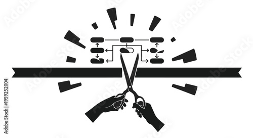 Hands holding scissors cutting a ribbon, symbolizing a grand opening or launch event.