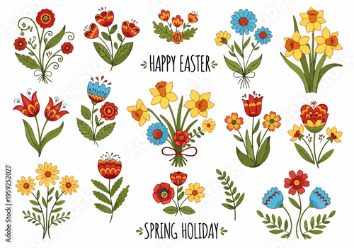 Elegant Happy Easter design with soft floral bouquets and modern decorative style