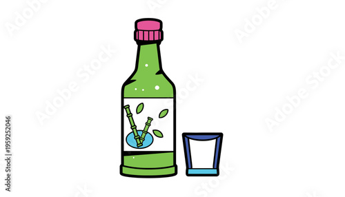 A green matcha bottle illustration with a pink cap and a small glass