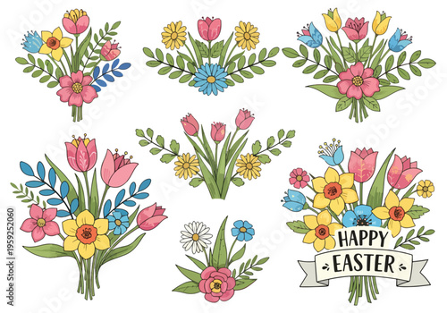 Spring blossoms and leaves forming intricate patterns around a delightful Happy Easter sign
