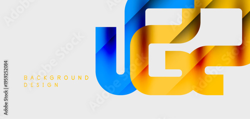 Abstract design features layered blue, orange shapes. Minimalist style creates modern visual impact. Clean background enhances letterforms.