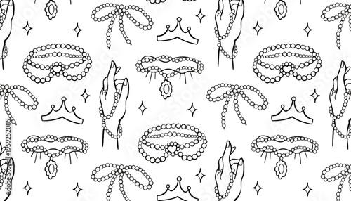 Jewelry vector illustration of beads and hands with crowns and hangers