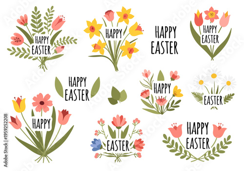 Bright floral Easter design with cute bunnies and eggs creating a joyful seasonal celebration theme