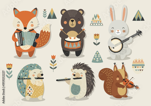 Adorable cartoon animals forming a band with diverse instruments and joyful mood