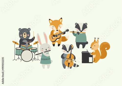 Adorable woodland musicians creating harmony with various instruments and cheerful vibe