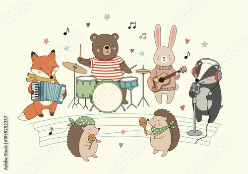 Friendly animal characters playing instruments in a fun and lively forest setting