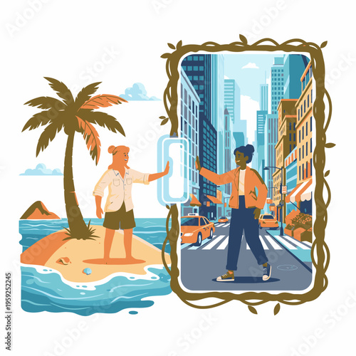 Man holding smartphone on city road.