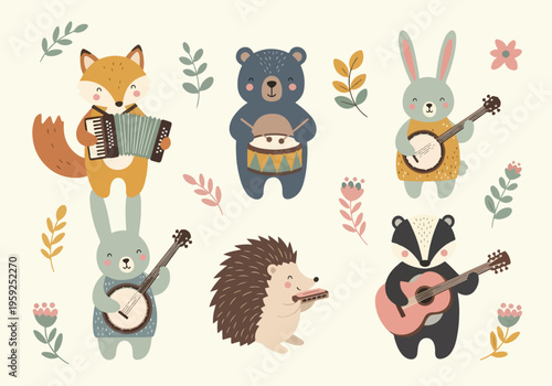 Cozy woodland scene with cute animals playing instruments in harmony together