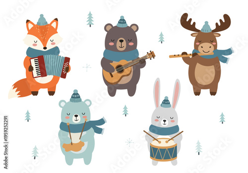 Delightful forest creatures playing music together in a whimsical cartoon style