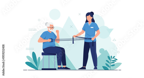Physical therapist assisting senior man with resistance band exercise for rehabilitation