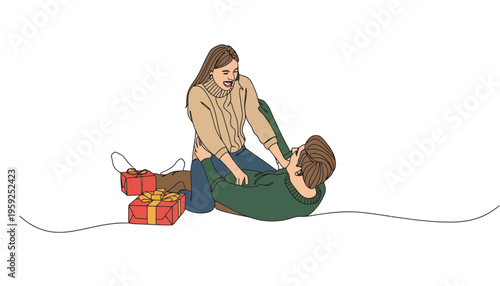 A woman performing first aid on a man lying on the ground with gifts nearby