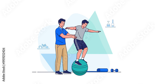 Physical therapist assisting patient balance on exercise ball for rehabilitation