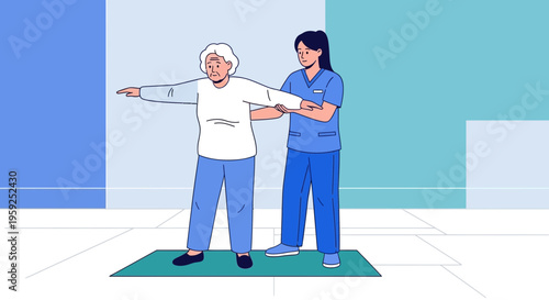 Physical therapist assisting elderly woman with balance exercises on yoga mat