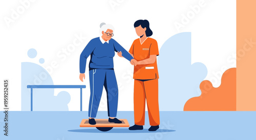 Physical Therapist Assists Elderly Woman with Balance Exercise on Wobble Board