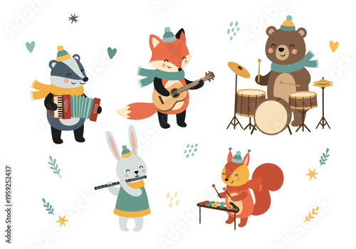 Cartoon forest friends enjoying music together while playing instruments in a happy scene