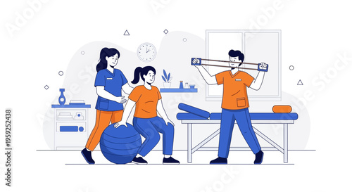 Physical therapy session: patients exercising with trainers and equipment