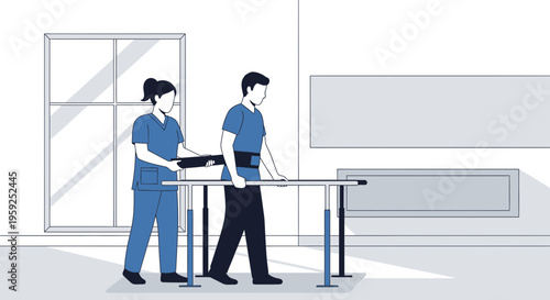 Physical Therapist Assists Patient Walking with Parallel Bars for Rehabilitation