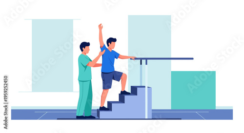Physical therapist assisting patient with stair climbing exercise for rehabilitation