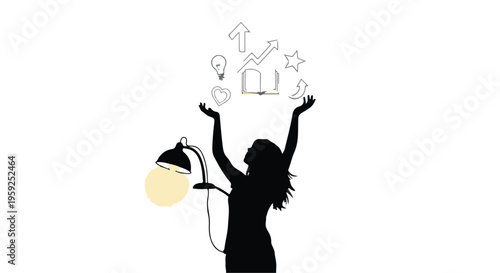 Silhouette of a person juggling ideas and aspirations with a glowing lamp illuminating their path.