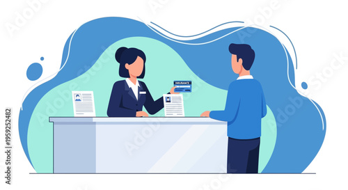 Receptionist giving key card to guest at hotel reception desk, check-in process