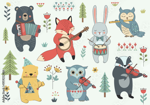 Cartoon animals band practicing music with violin, guitar, drums, and flute in harmony