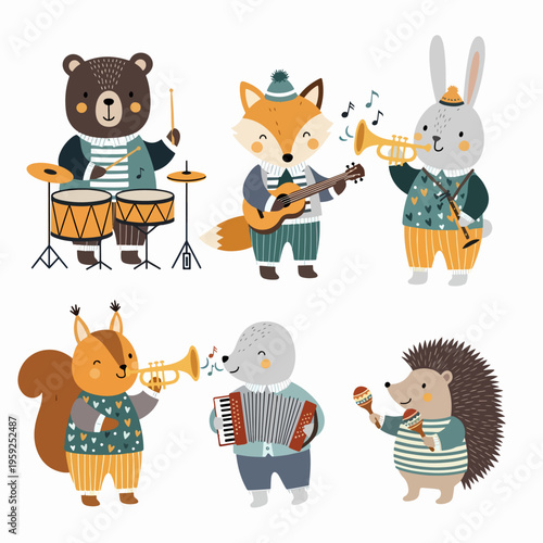 Whimsical illustration of animal friends playing instruments together in a delightful mini orchestra